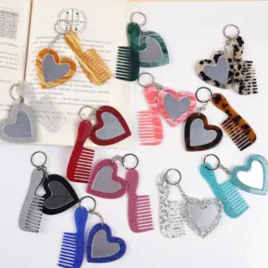 Mini Heart Makeup Mirror Comb Keychain Women Bag Pendant Simple Car Keyring Backpack Mobile Phone Decorative Jewelry Gifts